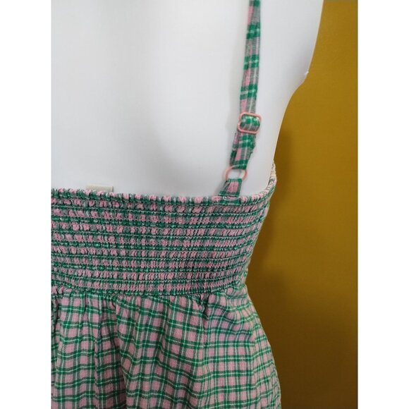 Arizona Strappy Cotton Linen Green & Pink Plaid Mini Dress XS Y2K Boho Cottage - Picture 3 of 5